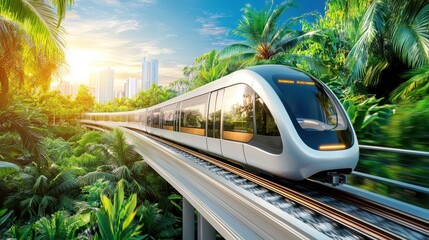 Naklejka premium A modern train speeding along a track, surrounded by lush greenery and a clear sky.