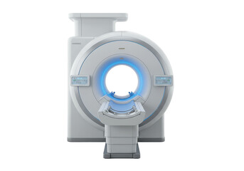 Modern white MRI machine with a glowing blue interior, isolated on white background