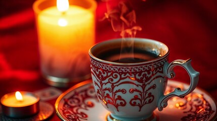 Fototapeta premium A richly detailed close-up photograph depicts an intricately decorated white ceramic cup and saucer, adorned with subtle gold accents, overflowing with dark brown Turkish coffee. The crimson red back