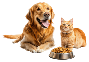 PNG Golden retriever dog and an orange cat pets feeding animal.