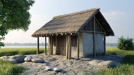 Fototapeta premium Reconstructed Ancient Dwelling with Thatched Roof Surrounded by Lush Greenery and Stones on a Serene Landscape