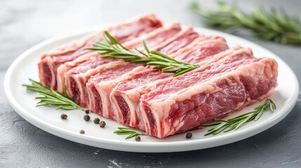 Rack of lamb with rosemary and peppercorns beautifully presented on a white plate ready for gourmet cooking and culinary presentation