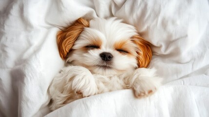 Adorable sleeping Shih Tzu puppy with white and orange fur nestled in soft white bedding, close-up photo capturing peaceful expression and cozy atmosphere.