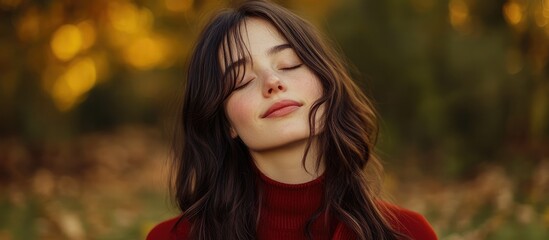 Fototapeta premium Young woman with closed eyes enjoying vibrant autumn colors outdoors in a serene natural setting with soft bokeh background suitable for text.