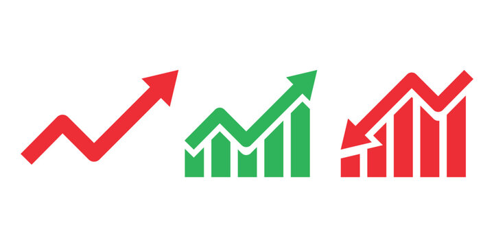 Set of graphs arrows development, decline of business, situation. Vector illustration icons isolated on white background.
