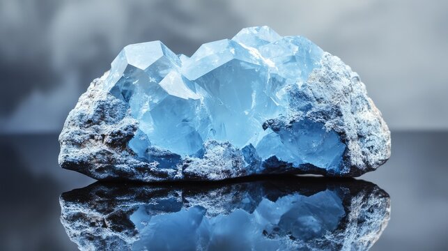 Sky Blue Heliolite Mineral Piece with Detailed Texture and Reflection on Dark Glossy Surface Isolated on Light Gray Background