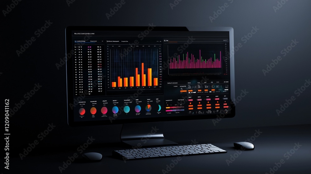 Poster a sleek computer screen displaying a dashboard with colorful graphs and charts, symbolizing knowledg