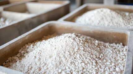 Granular white limestone clinkers in wooden trays, designed for cement manufacturing process, with a focus on texture and composition.