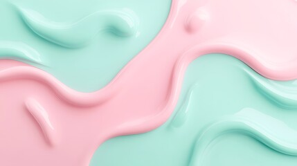 Smooth and Glossy Swirls of Soft Pink and Mint Green Paint on a Light Background