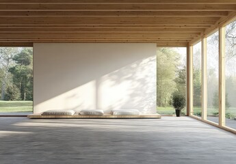 Minimalist Scandinavian Style Empty Room with Nature View in Modern Wooden House