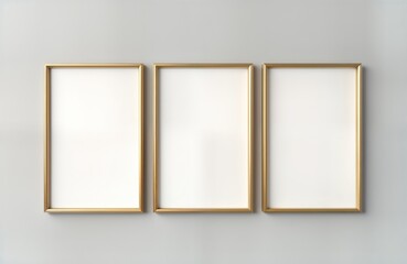 Three empty gold picture frames hang on a light gray wall. Modern and elegant design. Perfect for displaying artwork or photos. Stylish and luxurious decor. Ideal for interior design projects.