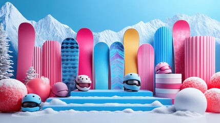 A 3D illustration of an organized winter sports equipment display with snowboards of various shapes and sizes
