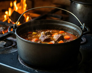 A steaming pot of Gulasch, a hearty Hungarian stew, simmers on a wood-burning stove, filling the air with warmth and inviting aromas.