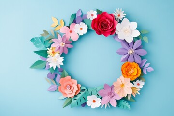 Colorful paper flower wreath on blue background. (1)