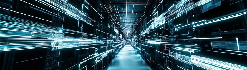 Fototapeta premium A high-tech server room with glowing blue lights, emphasizing robust information security and processing capabilities