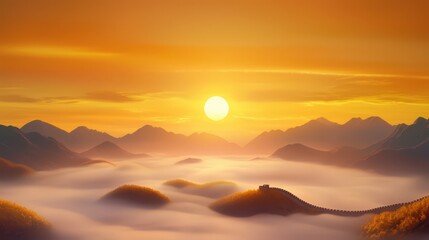 Obraz premium A serene sunrise over the Great Wall of China, with fog rolling over the mountains.
