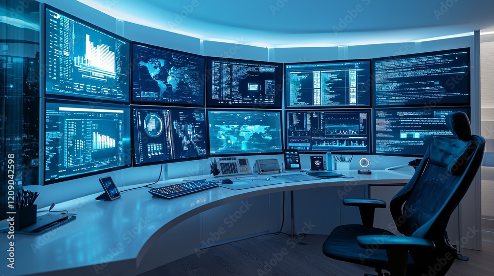 Poster a multi-screen setup with interconnected data points visualized in a futuristic style, symbolizing d
