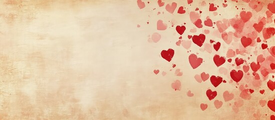 Romantic Red Hearts Falling on Soft Pastel Beige Paper Background with Blank Space for Custom Text and Design Elements