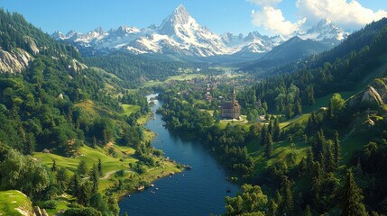Obraz premium Scenic winding river flowing through a lush green alpine valley towards snow-capped mountain peaks under a clear blue sky.