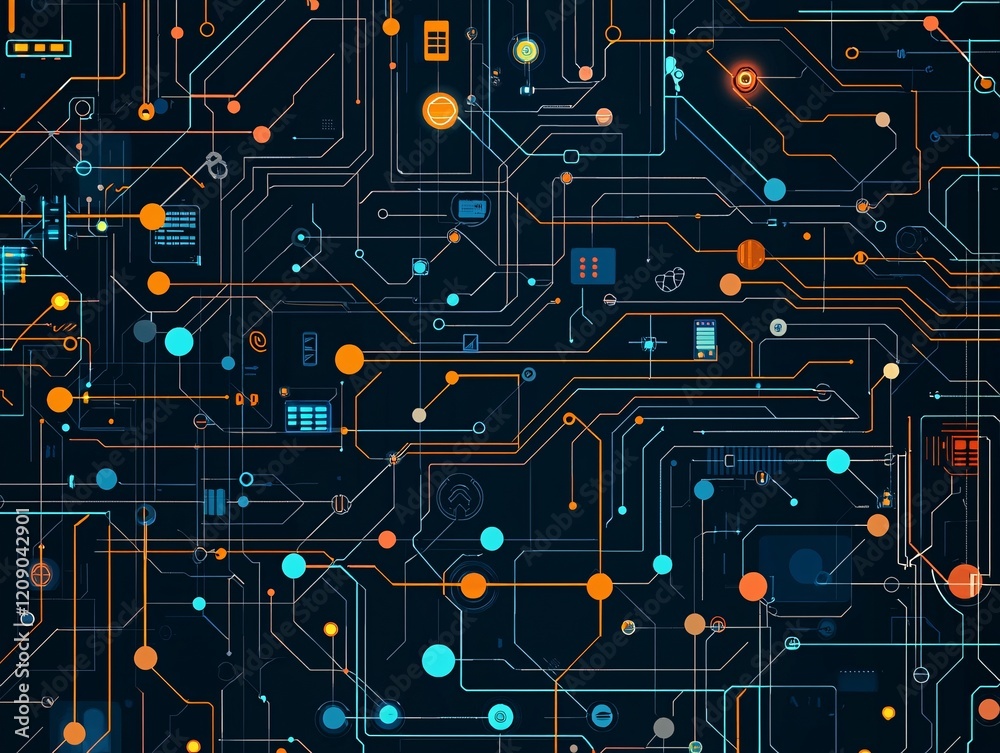 Poster an abstract illustration of interconnected nodes and circuits, representing the processing and flow 