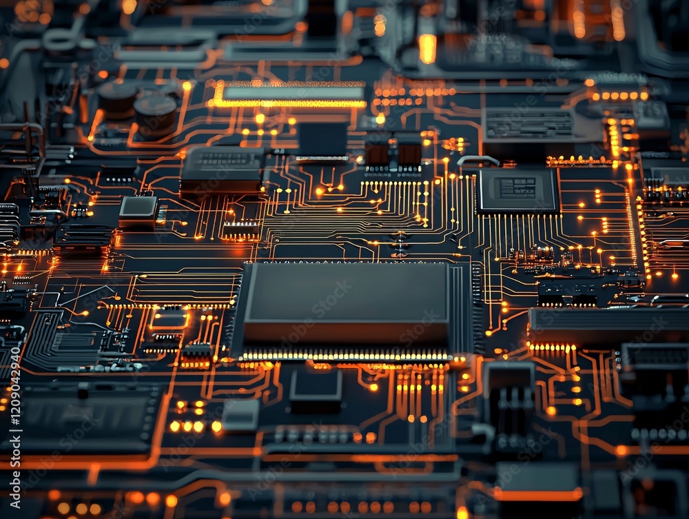 Poster an abstract illustration of interconnected nodes and circuits, representing the processing and flow 