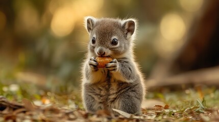 Naklejka premium Adorable Baby Squirrel Enjoying a Treat in the Forest