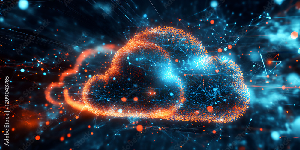 Poster cloud computing: a mesmerizing abstract visualization of cloud computing, with a glowing, iridescent