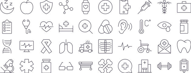 Medical Cross, Heart, Bones, Health Care Line Icon Set. Minimalistic Linear Pictogram for Web and Graphic Design, Apps, Banners, Social Network and Cards
