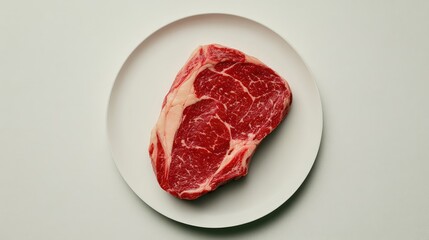 Top-down view of marbled raw steak on a plain white plate against a minimalistic background.
