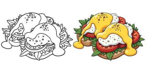 Eggs Benedicts Line Art Vector Illustration Black and White with Coloring Sample. Bold and Easy Food, Fruits, Sweets, Drinks, Dessert, and Snacks Coloring Pages for Adults and Kids