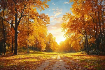 Naklejka premium Autumn landscape with golden orange leaves on grass in sunny park with sunlight streaming through trees