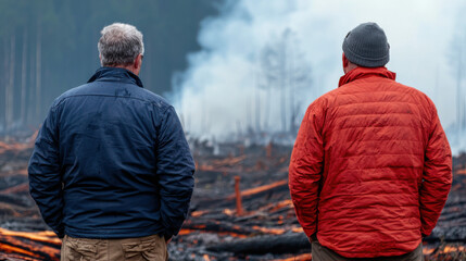Two individuals stand in front of a smoky, deforested area, observing the aftermath of a fire that has devastated the landscape.