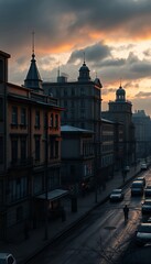 Fototapeta premium A captivating cityscape at sunset, showcasing a long street with buildings and cars, creating a dramatic and atmospheric urban scene. The image captures the cold and wintery ambiance of a city, with a