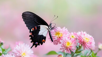 Black and white butterfly on pink flowers, garden, nature, pollination, spring