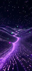Streams of data flow in a flowing wave, each data particle is a ball, some data points are green, atmosphere technology