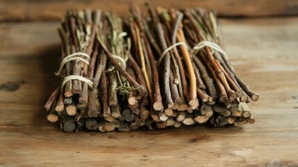 Bundle of dried twigs for rustic decor or crafting materials on a wooden surface