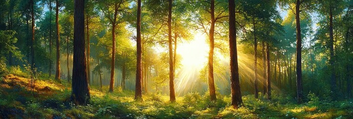 Obraz premium Sunlit Oak Tree Foliage in Serene Forest Landscape at Sunrise with Vibrant Green Leaves