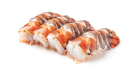 Raw spiny lobster tails arranged in a row on a bright white background showcasing their fresh, succulent meat and vibrant shell colors