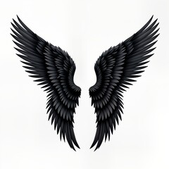 Obraz premium Pair of large black wings spread wide against white background. Realistic detailed design. Dark elegance, powerful wings. Suggests themes of freedom, fantasy, perhaps duality. Perfect for art,