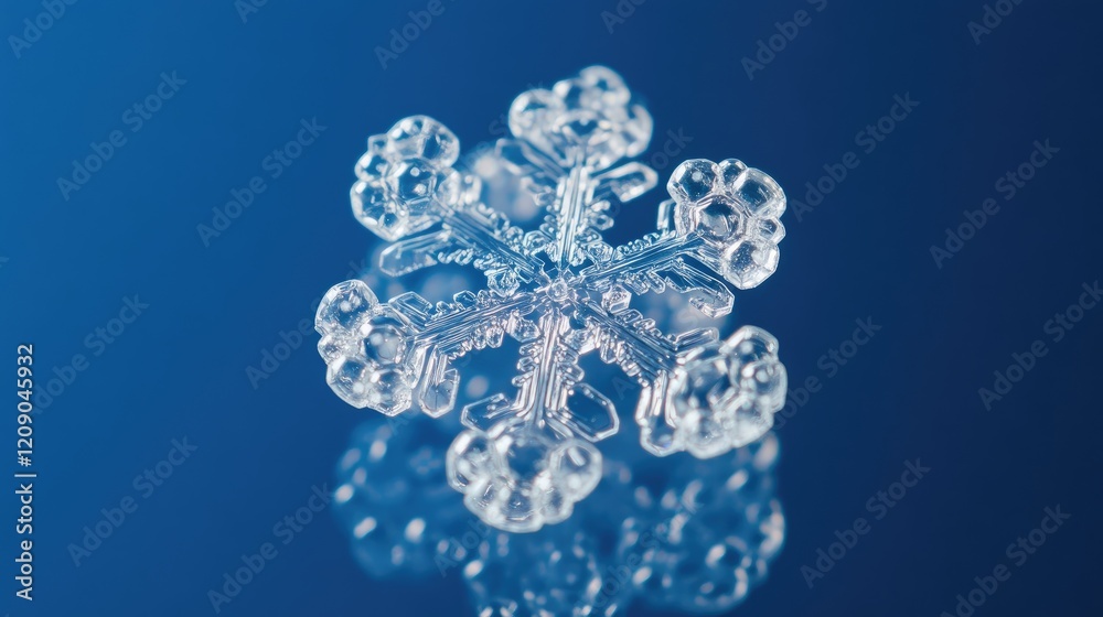 Poster detailed macro shot of a real snowflake on a blue background showcasing intricate ice patterns and f