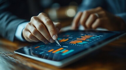 Fototapeta premium Close-up of hands using stylus on tablet displaying financial data charts and graphs.