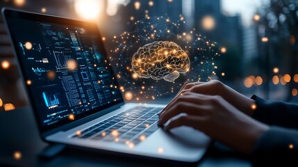Fototapeta premium A business professional using an AI technology on human brain hologram