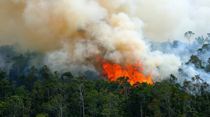 Fototapeta premium A forest is engulfed in flames, sending thick smoke into the air, highlighting the destructive impact of wildfires on natural landscapes.