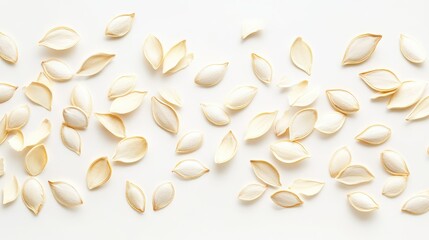 Raw white pumpkin seeds scattered on a clean white background, top view, natural food ingredients for cooking and nutrition concepts.
