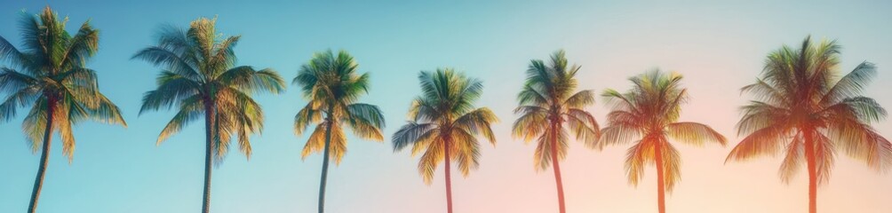 Obraz premium Tropical Palm Trees at Sunset Against Blue Sky Summer Vacation Background