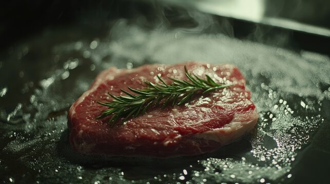 Raw pork steak garnished with fresh rosemary on a sizzling hot surface ready for cooking preparation in a kitchen setting