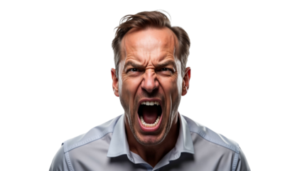 A portrait of an angry businessman shouting intensely, isolated against a white background, capturing raw emotion and professional attire