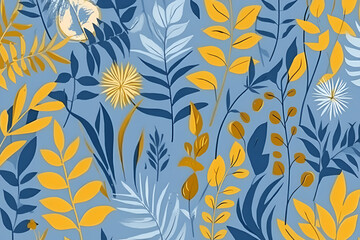 Blue and Gold Botanical Pattern: A vibrant and organic pattern of blue and gold leaves, stems and flowers on a soft blue background. Perfect for textiles, wallpaper, stationery and more!