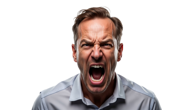A portrait of an angry businessman shouting intensely, isolated against a white background, capturing raw emotion and professional attire