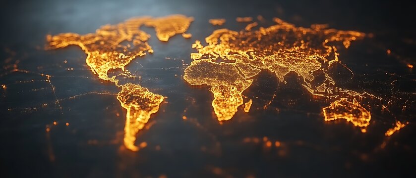 Glowing world map, fiery continents.